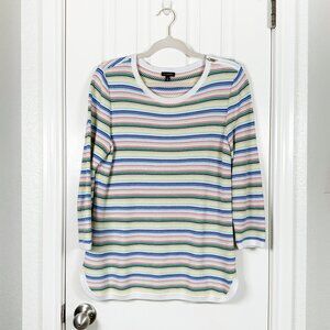 Talbots Size M White Colorful Stripe Sweater Zip Shoulder 3/4 Sleeve Pul…